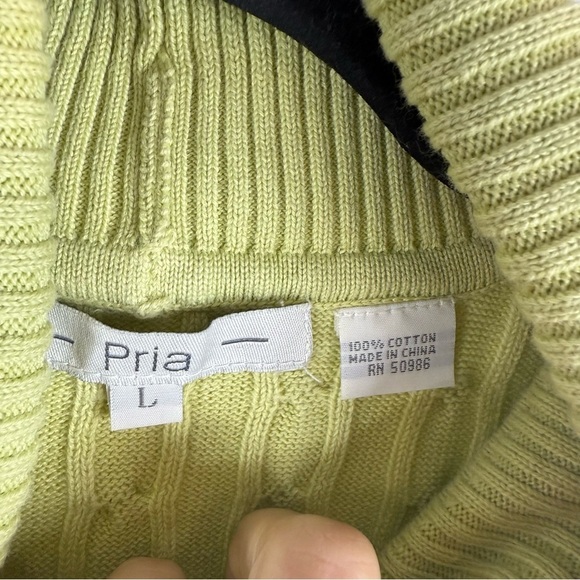 Pria Lime Green Cable Knit Turtleneck Sweater Vintage size: L 100% Cotton - Picture 7 of 10